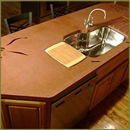 Concrete countertop with glass inlay and sink